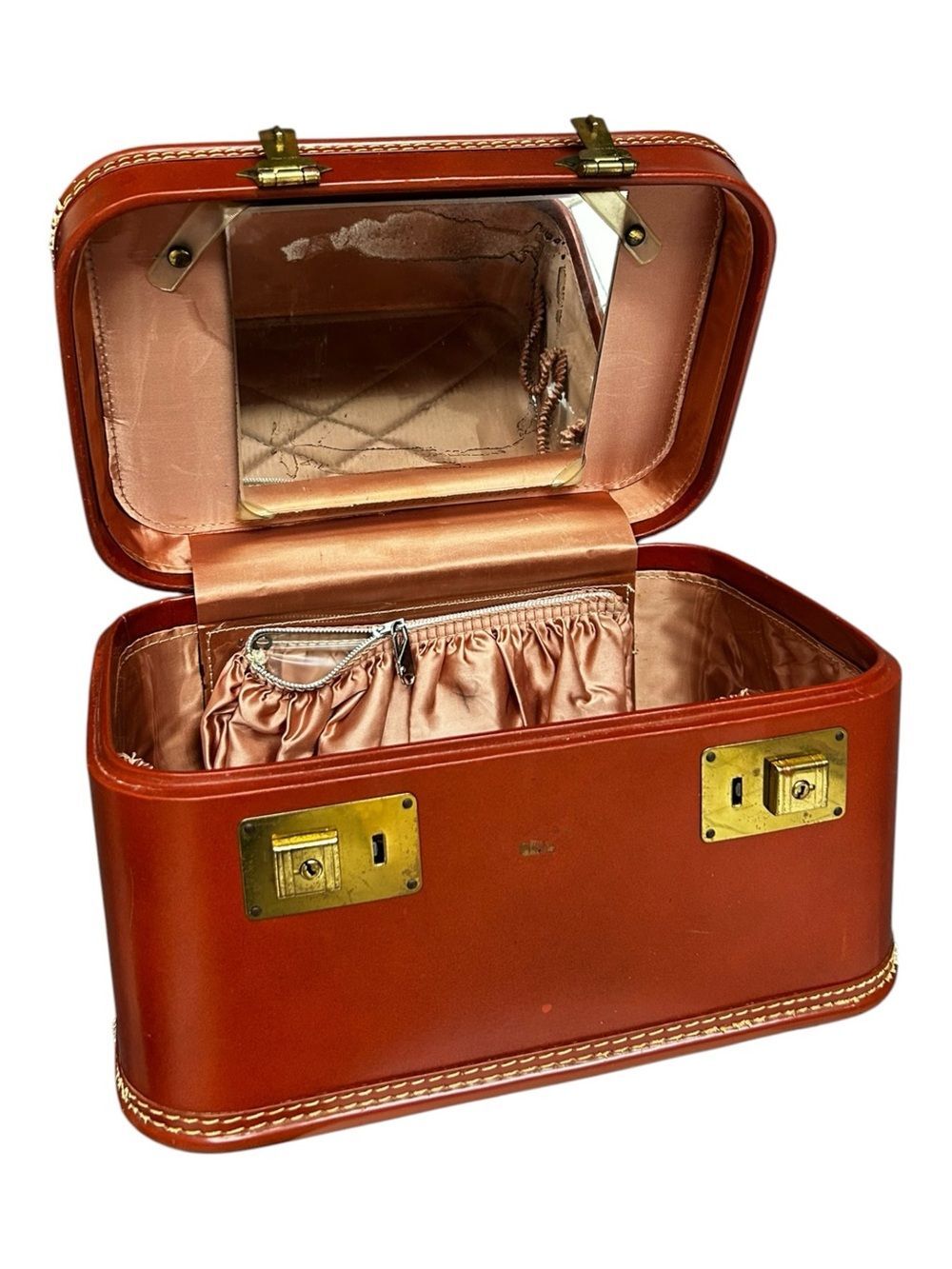 Vintage Red Brown Hard Shell Train Case Makeup Case with Mirror Satin Lining